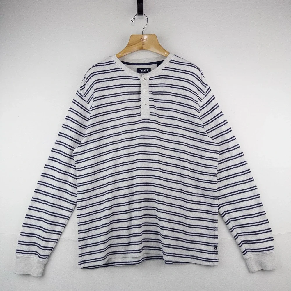 Chaps Ralph Lauren Men's XL Gray Blue Stripe Henley Shirt Long Sleeve *Pinhole